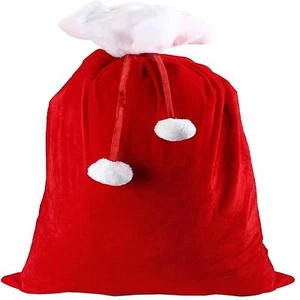 Saco De Navidad Gigante De Santa Rojo Y Blanco De Velour Con Lazos De Pom Pom - Imagen 1 de 2