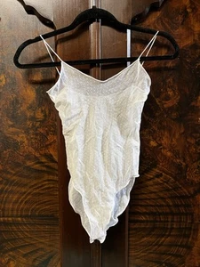 Vtg 80s Teddy Bodysuit Romper Sz L White Stretch Mesh Polka Dot Made In USA - Picture 1 of 9