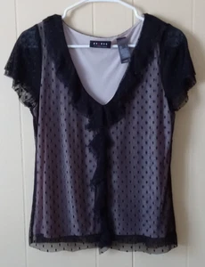 AXCESS Liz Claiborne Womens L Black Ruffle Front Short Sleeve Stretchy Top - Picture 1 of 8