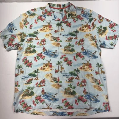 Tommy Bahama 衬衫男式 XLT 高蓝色 100% 真丝圣诞老人圣诞海滩夏威夷 — 第 1/4 张图片