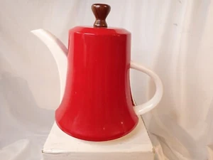 Vintage Red Metal  Insulated Teapot  Hot Coffee Bedside  Ceramic White  Enameled - Picture 1 of 7