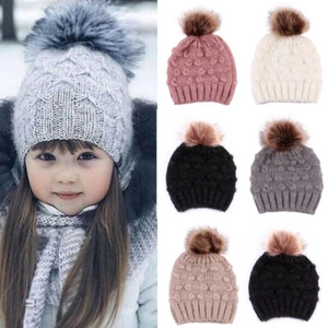 Toddler Kid Baby Boy Girl Hat Winter Faux Fur Pom Knit Beanie Ski Cap Bobble 1 - Picture 1 of 14
