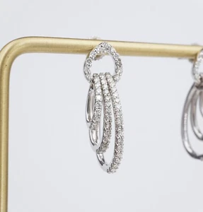Fana 14k White Gold Natural Diamond Earrings Hoop Triple Dangle Drop 1" EG2600 - Picture 1 of 5