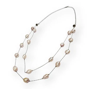 Baroque Potato Pearl Sterling Necklace Double Chain 925 Silver Pink Cream Vtg    - Picture 1 of 12