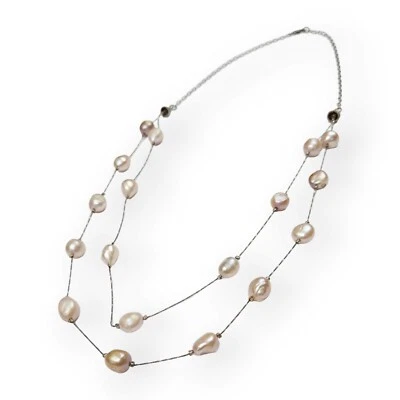 Colar de pérola de batata barroca corrente dupla 925 prata rosa creme vintage    - Imagem 1 de 4