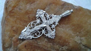 VINTAGE SOLID STERLING SILVER ORTHODOX FINE OPENWORK CRUCIFIX "I AM THE VINE" - Picture 1 of 15