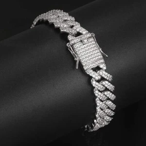 Men's Gold Plated Stainless Steel Iced CZ Out Miami Cuban Link Bracelet 12mm - Picture 1 of 13