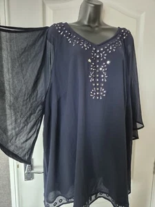 NEW Navy Embroided Sequin Cold Shoulder Top Size 28 Angel Sleeve - Picture 1 of 6