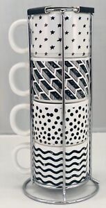 NEW - Home Essentials Espresso Collection Set Of 4 Cups & Wire Rack, Black White
