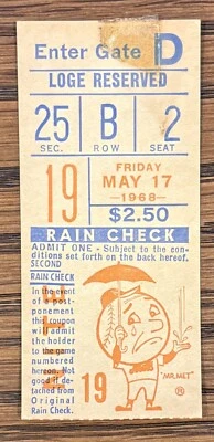 1968 Hank Aaron SB , 16 Innings New York Mets Ticket Stub 5/17 Atlanta Braves - Image 1 of 2