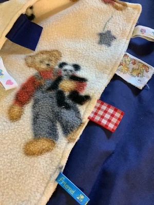 BLUE JEAN TEDDY  BEAR TAGGIE SECURITY BLANKET 13”/14”  Fleece - Image 1 of 3