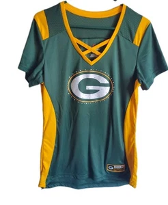 Womens Green Bay Packers CuteTop Rhinstone Cross Lace V Neck shirt Large - Picture 1 of 10