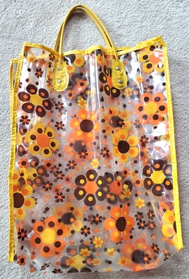 Vintage MOD FLOWER POWER Vinyl TOTE Bag YELLOW Orange BROWN TAIWAN - Image 1 of 4