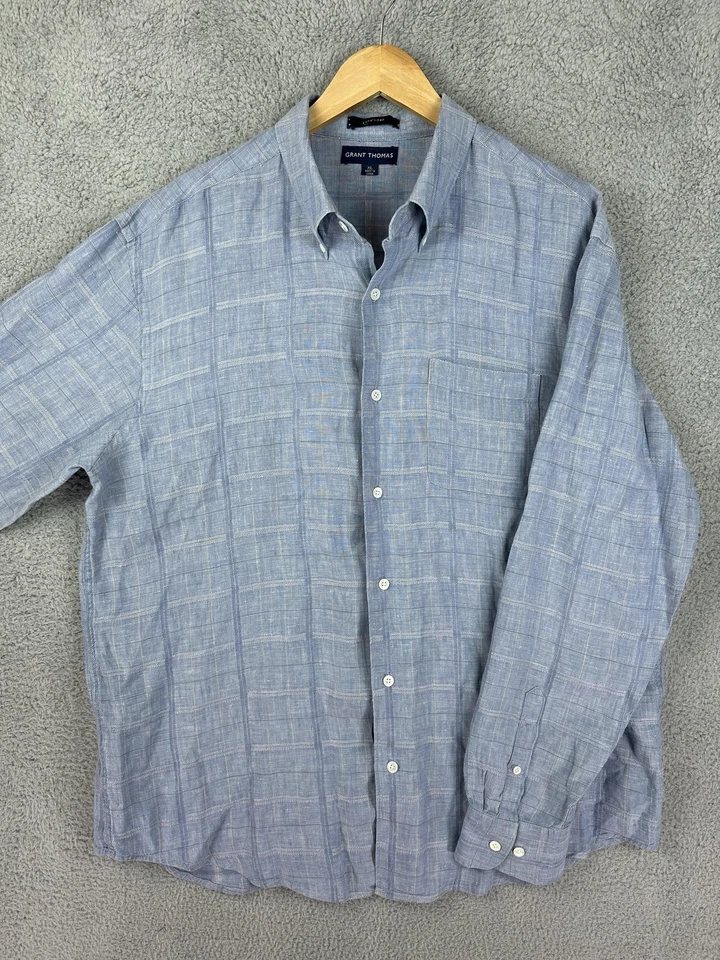 Camisa Grant Thomas Para Hombres XL Azul Lino Puro Abotonada Manga Larga Bolsillo Informal Foto 1 de 4