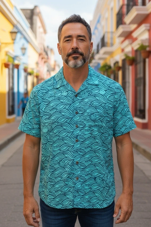 Margaritaville Men's Short Sleeve ARUBA BLUE Puffer Fish Waves Button Up XL