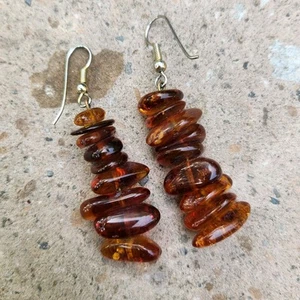 Amber Stacked Chip Earrings 2" Dangle Beads with Sterling Silver Ear Wires - Picture 1 of 4