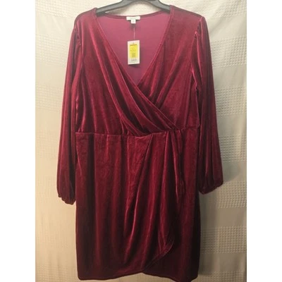 Nine West berry jewel toned crushed Velvet Faux Wrap mini Dress 2X - Image 1 of 4