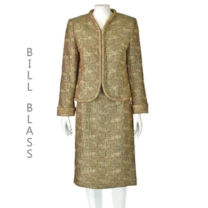 BILL BLASS De Colección Dorado, Aqua y Taupe Damasco Chaqueta y Falda Lápiz Traje Talla 6-8 Nuevo sin Etiquetas - Imagen 1 de 7