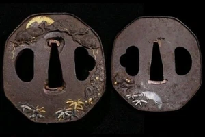 TSUBA Full Moon & Pine Tree Inlay Octagon Small Japanese Sword Guard Edo Antique - Picture 1 of 10