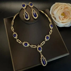 Conjunto de joyas collar pendientes llama piedra lapislázuli natural joyería vintage - Imagen 1 de 8