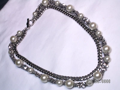 ...GIVENCHY...Silver Tone Chain, Crystals, Faux Pearls Toggle Necklace... - Image 1 of 4