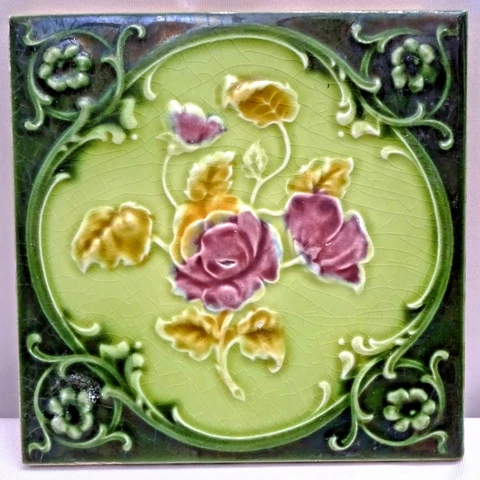 Antique Tile Majolica Art Nouveau England Rose Purple Architecture Floral #115 Cover