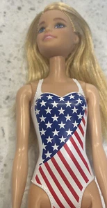 2019 Mattel Barbie Doll W/ Molded US American Flag Swimsuit, Unique! - Picture 1 of 4