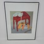 White Cat On A Red Table With A Bulldog Playing With His Toys Framed Matted Art