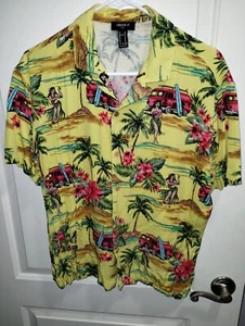 Volkswagen Hawaiian Shirt Forever 21 M Split Window Panel Bus Surfing Hula Girl - Picture 1 of 4
