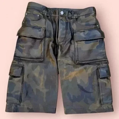 NUEVO Pantalones Cortos Para Hombre Estampado Militar Estilo Carga Piel de Cordero Genuina Cuero Nuevos con Etiquetas Foto 1 de 4