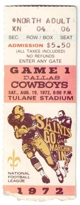 1972 NEW ORLEANS SAINTS vs DALLAS COWBOYS ticket stub 8/19/72 ARCHIE MANNING - Image 1 of 2