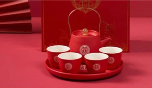 Oriental Wedding Ceramic Tea Ceremony/Double Happiness Tea Set - Picture 1 of 10