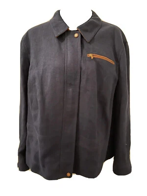 RALPH LAUREN 100% Linen Jacket Leather Trim Women’s 22W Navy Blue Lined Zip $285 - Image 1 of 4