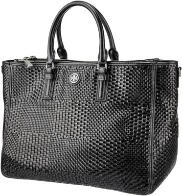 Tory Burch Robinson Black Tote Basketweave Saffiano Leather Large Handbag Bag NW - Image 1 of 4