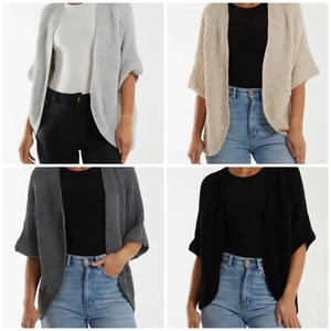 New Ladies Womens KNITTED KIMONO JACKET Cardigan Jumper Chunky BNWT - Picture 1 of 17