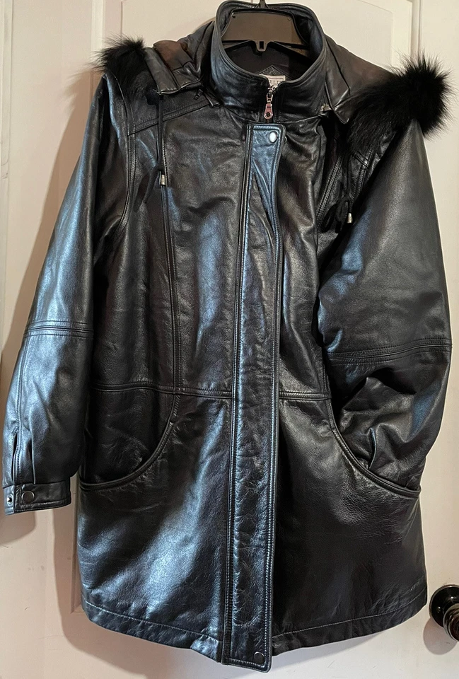 Casaco Parka Vintage Field Gear Feminino Couro Preto com Zíper Acabamento de Pele de Raposa M - Imagem 1 de 4