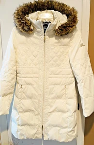 Guess Down Long Women's Medium Coat Ivory Gold Great Shape Faux fur hood EUC! - Picture 1 of 20