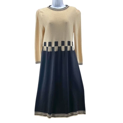 Vestido Peter Lynne Vintage Grande Negro Marfil Lana Santana Tejido Cuadros Midi Foto 1 de 4