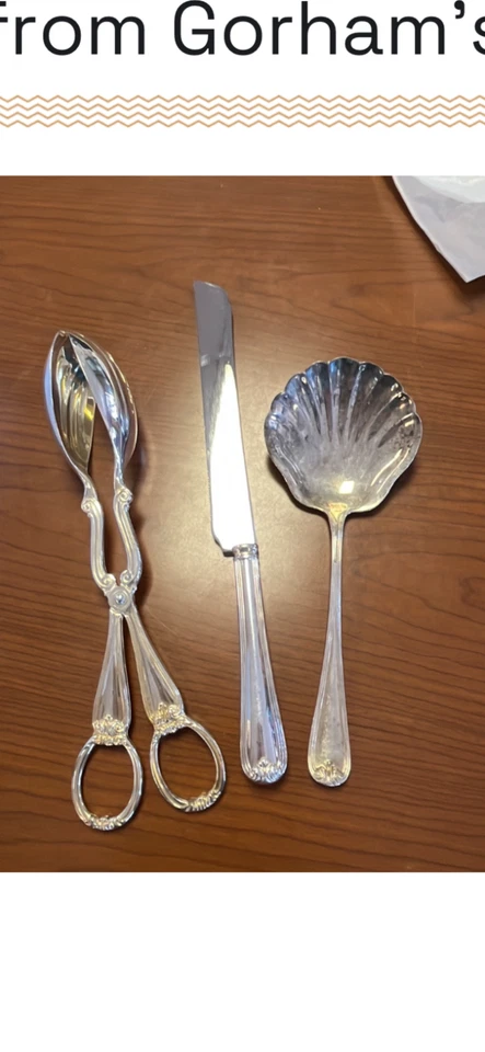 Pinças Gorham banhadas a prata Itália, colher de concha, faca para servidor de bolo - Imagem 1 de 4