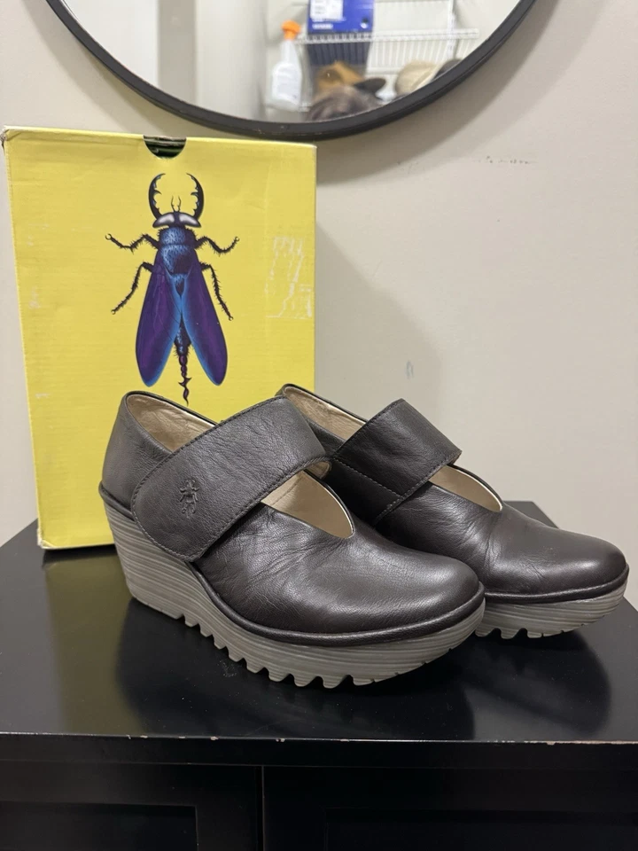 FLY London Leather Mary Jane Wedges Yan Mousse Chocolate Brown Size 40 8.5-9 - Image 1 of 4