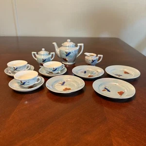 Vintage Japan Child’s Porcelain Tea Set Lusterware Birds Cranes 13 Pc miniature - Picture 1 of 8