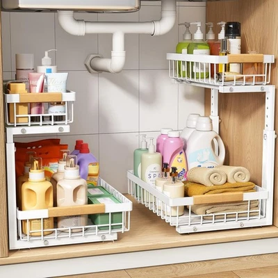 PXRACK 2 Niveles Extraíble Bajo Fregadero Organizador, Altura Ajustable Gabinete Almacenamiento con Foto 1 de 4