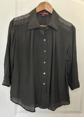 Revolve Line & Dot Shirt Small Silk Edgy Statement Embellished Studded Epaulette - Immagine 1 di 4