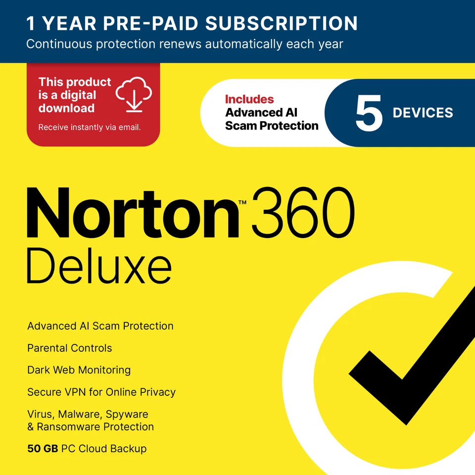 Norton 360 Deluxe | 5 dispositivos | Directo de Norton | Descarga digital Foto 1 de 4