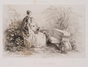 E. WATTIER (1800-1868), Damen in Parklandschaft, Vernis Mou Romantik Mode - Picture 1 of 4