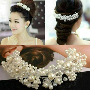 New Pearl Flower Crystal Rhinestone Wedding Bridal Headband Clip Hair Band - Picture 1 of 10
