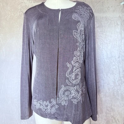 Chico's Elegant Gray Silver Paisley Art-to-Wear Floral Travelers Jacket Sz 2 (L) - Image 1 of 4
