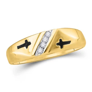10kt Yellow Gold Mens Round Diamond Single Row Cross Wedding Band 1/20 Cttw - Picture 1 of 1