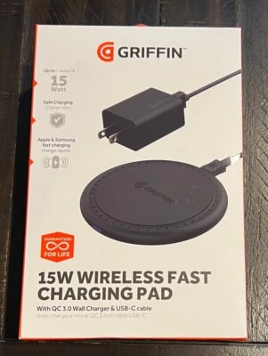 Griffin 15W FAST Wireless Charging Pad - Black - WITH WALL CHARGER AND CABLE - Image 1 of 2