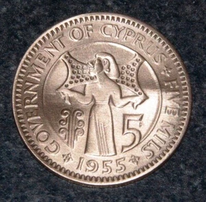 5 Mils coin from Cyprus, 1955, Queen Elizabeth II - Picture 1 of 2